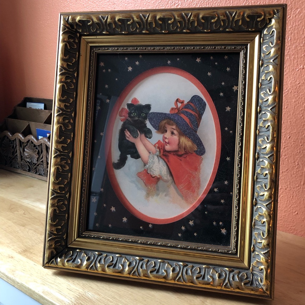 Vintage-Style Black & Gold Framed Witch Girl Art Print